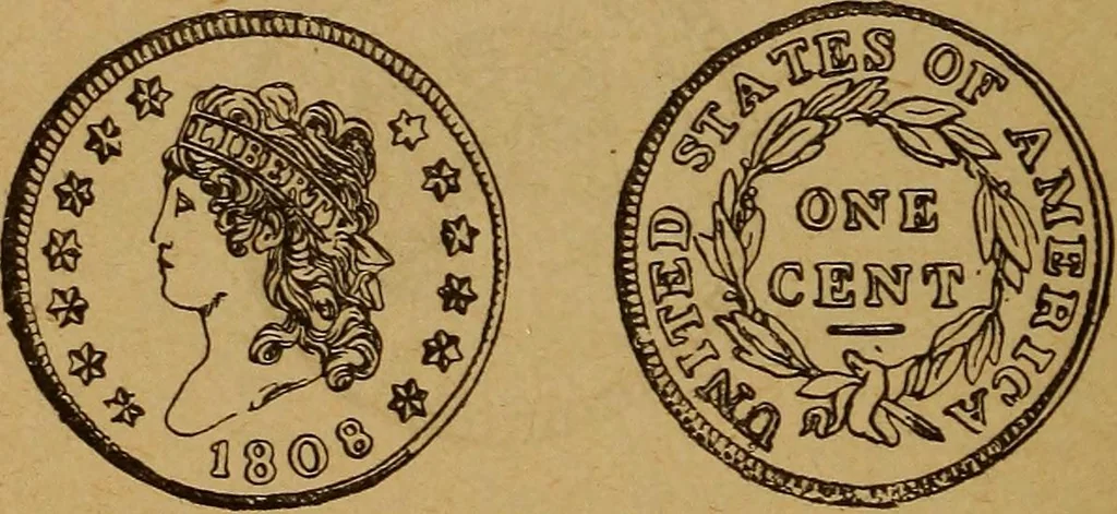 An illustration from The rare coins of America, England, Ireland, Scotland, France, Germany, and Spain ... a complete list of and prices paid for rare American ... coins, fractional currency, colonial, continental and Confederate paper money; a list of all counterfeit U. S. Treasury and national bank notes and Canadian banks notes, and how to detect them; the market value of all nations' coins and bank notes in U.S. money; a list of and prices paid for rare English, Irish, Scotch, French, German and Spanish coins. Illustrated with about 150 cuts, 1889, leaf 111