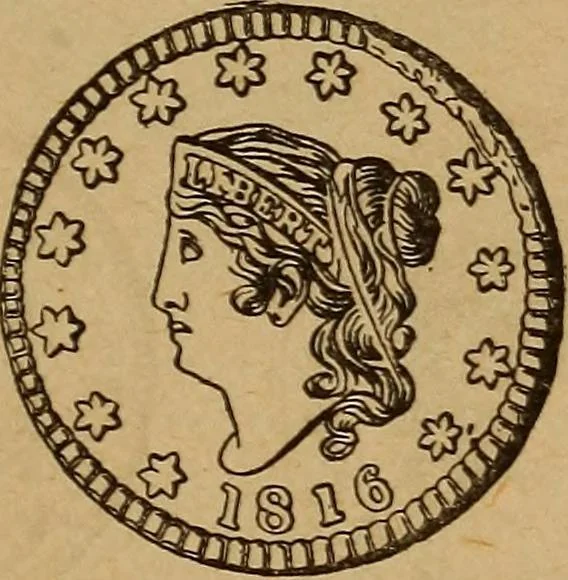 An illustration from The rare coins of America, England, Ireland, Scotland, France, Germany, and Spain ... a complete list of and prices paid for rare American ... coins, fractional currency, colonial, continental and Confederate paper money; a list of all counterfeit U. S. Treasury and national bank notes and Canadian banks notes, and how to detect them; the market value of all nations' coins and bank notes in U.S. money; a list of and prices paid for rare English, Irish, Scotch, French, German and Spanish coins. Illustrated with about 150 cuts, 1889, leaf 112