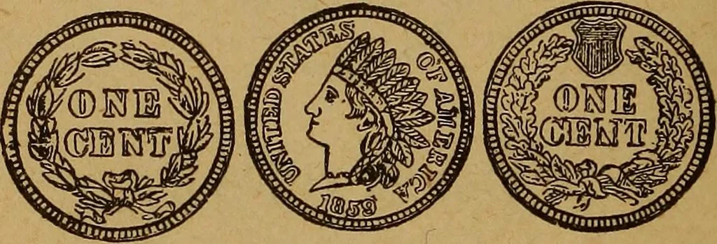 An illustration from The rare coins of America, England, Ireland, Scotland, France, Germany, and Spain ... a complete list of and prices paid for rare American ... coins, fractional currency, colonial, continental and Confederate paper money; a list of all counterfeit U. S. Treasury and national bank notes and Canadian banks notes, and how to detect them; the market value of all nations' coins and bank notes in U.S. money; a list of and prices paid for rare English, Irish, Scotch, French, German and Spanish coins. Illustrated with about 150 cuts, 1889, leaf 117