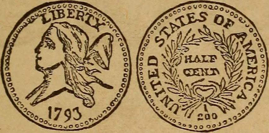 An illustration from The rare coins of America, England, Ireland, Scotland, France, Germany, and Spain ... a complete list of and prices paid for rare American ... coins, fractional currency, colonial, continental and Confederate paper money; a list of all counterfeit U. S. Treasury and national bank notes and Canadian banks notes, and how to detect them; the market value of all nations' coins and bank notes in U.S. money; a list of and prices paid for rare English, Irish, Scotch, French, German and Spanish coins. Illustrated with about 150 cuts, 1889, leaf 118