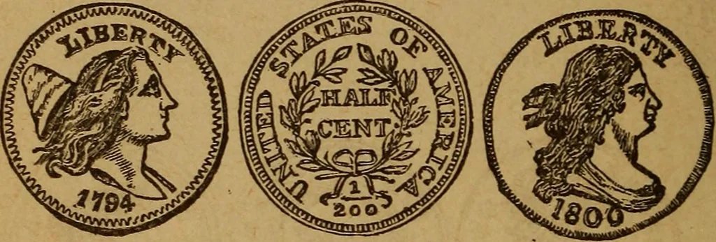 An illustration from The rare coins of America, England, Ireland, Scotland, France, Germany, and Spain ... a complete list of and prices paid for rare American ... coins, fractional currency, colonial, continental and Confederate paper money; a list of all counterfeit U. S. Treasury and national bank notes and Canadian banks notes, and how to detect them; the market value of all nations' coins and bank notes in U.S. money; a list of and prices paid for rare English, Irish, Scotch, French, German and Spanish coins. Illustrated with about 150 cuts, 1889, leaf 119
