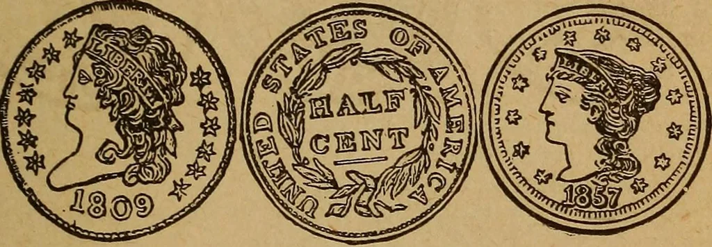 An illustration from The rare coins of America, England, Ireland, Scotland, France, Germany, and Spain ... a complete list of and prices paid for rare American ... coins, fractional currency, colonial, continental and Confederate paper money; a list of all counterfeit U. S. Treasury and national bank notes and Canadian banks notes, and how to detect them; the market value of all nations' coins and bank notes in U.S. money; a list of and prices paid for rare English, Irish, Scotch, French, German and Spanish coins. Illustrated with about 150 cuts, 1889, leaf 120