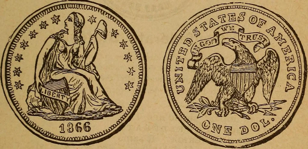 An illustration from The rare coins of America, England, Ireland, Scotland, France, Germany, and Spain ... a complete list of and prices paid for rare American ... coins, fractional currency, colonial, continental and Confederate paper money; a list of all counterfeit U. S. Treasury and national bank notes and Canadian banks notes, and how to detect them; the market value of all nations' coins and bank notes in U.S. money; a list of and prices paid for rare English, Irish, Scotch, French, German and Spanish coins. Illustrated with about 150 cuts, 1889, leaf 124
