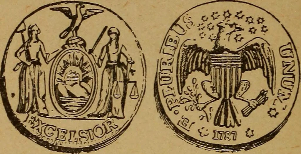 An illustration from The rare coins of America, England, Ireland, Scotland, France, Germany, and Spain ... a complete list of and prices paid for rare American ... coins, fractional currency, colonial, continental and Confederate paper money; a list of all counterfeit U. S. Treasury and national bank notes and Canadian banks notes, and how to detect them; the market value of all nations' coins and bank notes in U.S. money; a list of and prices paid for rare English, Irish, Scotch, French, German and Spanish coins. Illustrated with about 150 cuts, 1889, leaf 125