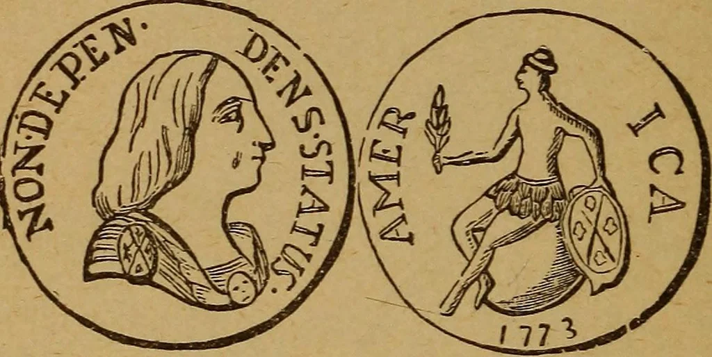 An illustration from The rare coins of America, England, Ireland, Scotland, France, Germany, and Spain ... a complete list of and prices paid for rare American ... coins, fractional currency, colonial, continental and Confederate paper money; a list of all counterfeit U. S. Treasury and national bank notes and Canadian banks notes, and how to detect them; the market value of all nations' coins and bank notes in U.S. money; a list of and prices paid for rare English, Irish, Scotch, French, German and Spanish coins. Illustrated with about 150 cuts, 1889, leaf 125