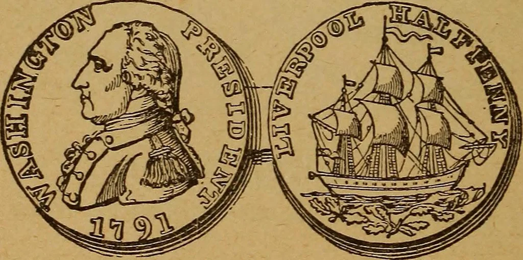 An illustration from The rare coins of America, England, Ireland, Scotland, France, Germany, and Spain ... a complete list of and prices paid for rare American ... coins, fractional currency, colonial, continental and Confederate paper money; a list of all counterfeit U. S. Treasury and national bank notes and Canadian banks notes, and how to detect them; the market value of all nations' coins and bank notes in U.S. money; a list of and prices paid for rare English, Irish, Scotch, French, German and Spanish coins. Illustrated with about 150 cuts, 1889, leaf 125