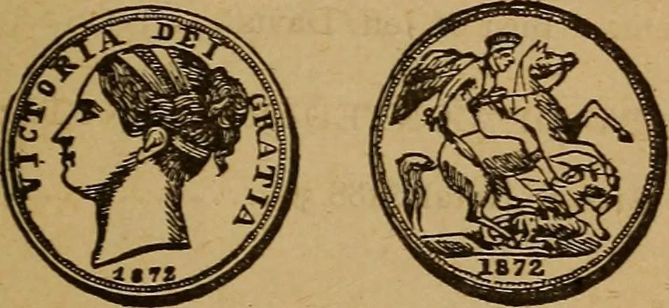 An illustration from The rare coins of America, England, Ireland, Scotland, France, Germany, and Spain ... a complete list of and prices paid for rare American ... coins, fractional currency, colonial, continental and Confederate paper money; a list of all counterfeit U. S. Treasury and national bank notes and Canadian banks notes, and how to detect them; the market value of all nations' coins and bank notes in U.S. money; a list of and prices paid for rare English, Irish, Scotch, French, German and Spanish coins. Illustrated with about 150 cuts, 1889, leaf 168