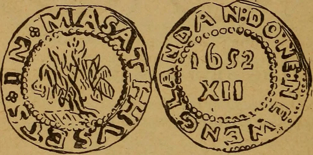 An illustration from The rare coins of America, England, Ireland, Scotland, France, Germany, and Spain ... a complete list of and prices paid for rare American ... coins, fractional currency, colonial, continental and Confederate paper money; a list of all counterfeit U. S. Treasury and national bank notes and Canadian banks notes, and how to detect them; the market value of all nations' coins and bank notes in U.S. money; a list of and prices paid for rare English, Irish, Scotch, French, German and Spanish coins. Illustrated with about 150 cuts, 1889, leaf 17
