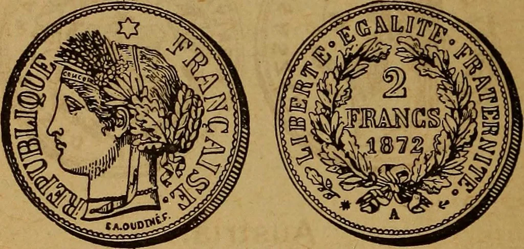 An illustration from The rare coins of America, England, Ireland, Scotland, France, Germany, and Spain ... a complete list of and prices paid for rare American ... coins, fractional currency, colonial, continental and Confederate paper money; a list of all counterfeit U. S. Treasury and national bank notes and Canadian banks notes, and how to detect them; the market value of all nations' coins and bank notes in U.S. money; a list of and prices paid for rare English, Irish, Scotch, French, German and Spanish coins. Illustrated with about 150 cuts, 1889, leaf 171