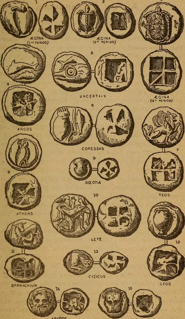 An illustration from The rare coins of America, England, Ireland, Scotland, France, Germany, and Spain ... a complete list of and prices paid for rare American ... coins, fractional currency, colonial, continental and Confederate paper money; a list of all counterfeit U. S. Treasury and national bank notes and Canadian banks notes, and how to detect them; the market value of all nations' coins and bank notes in U.S. money; a list of and prices paid for rare English, Irish, Scotch, French, German and Spanish coins. Illustrated with about 150 cuts, 1889, leaf 198