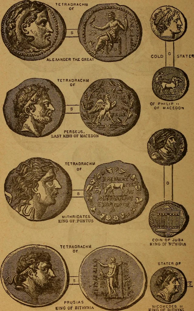 An illustration from The rare coins of America, England, Ireland, Scotland, France, Germany, and Spain ... a complete list of and prices paid for rare American ... coins, fractional currency, colonial, continental and Confederate paper money; a list of all counterfeit U. S. Treasury and national bank notes and Canadian banks notes, and how to detect them; the market value of all nations' coins and bank notes in U.S. money; a list of and prices paid for rare English, Irish, Scotch, French, German and Spanish coins. Illustrated with about 150 cuts, 1889, leaf 199