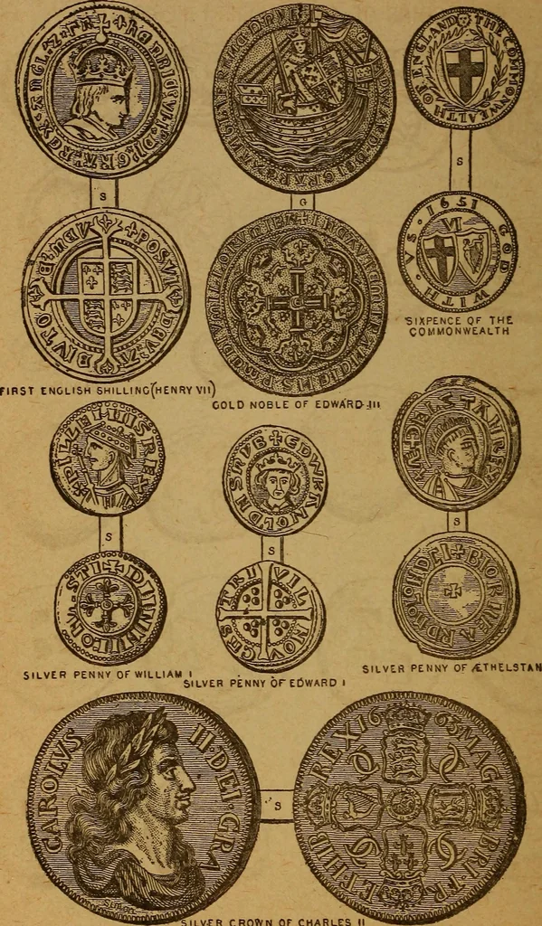 An illustration from The rare coins of America, England, Ireland, Scotland, France, Germany, and Spain ... a complete list of and prices paid for rare American ... coins, fractional currency, colonial, continental and Confederate paper money; a list of all counterfeit U. S. Treasury and national bank notes and Canadian banks notes, and how to detect them; the market value of all nations' coins and bank notes in U.S. money; a list of and prices paid for rare English, Irish, Scotch, French, German and Spanish coins. Illustrated with about 150 cuts, 1889, leaf 201