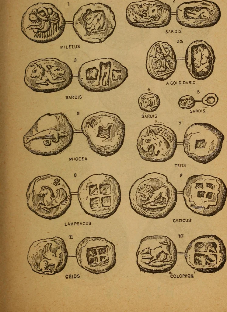 An illustration from The rare coins of America, England, Ireland, Scotland, France, Germany, and Spain ... a complete list of and prices paid for rare American ... coins, fractional currency, colonial, continental and Confederate paper money; a list of all counterfeit U. S. Treasury and national bank notes and Canadian banks notes, and how to detect them; the market value of all nations' coins and bank notes in U.S. money; a list of and prices paid for rare English, Irish, Scotch, French, German and Spanish coins. Illustrated with about 150 cuts, 1889, leaf 202