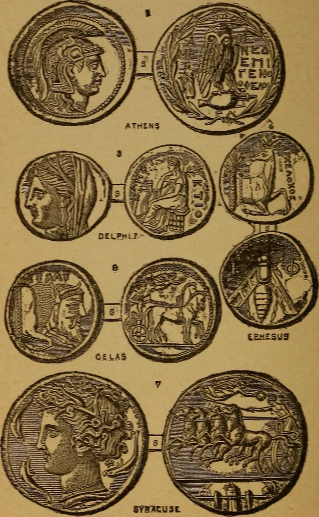 An illustration from The rare coins of America, England, Ireland, Scotland, France, Germany, and Spain ... a complete list of and prices paid for rare American ... coins, fractional currency, colonial, continental and Confederate paper money; a list of all counterfeit U. S. Treasury and national bank notes and Canadian banks notes, and how to detect them; the market value of all nations' coins and bank notes in U.S. money; a list of and prices paid for rare English, Irish, Scotch, French, German and Spanish coins. Illustrated with about 150 cuts, 1889, leaf 203