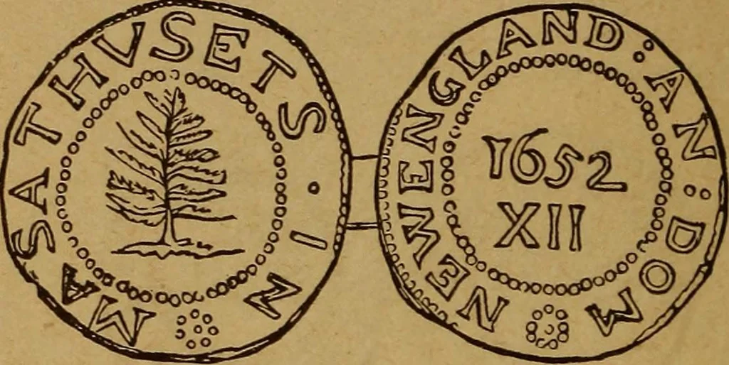 An illustration from The rare coins of America, England, Ireland, Scotland, France, Germany, and Spain ... a complete list of and prices paid for rare American ... coins, fractional currency, colonial, continental and Confederate paper money; a list of all counterfeit U. S. Treasury and national bank notes and Canadian banks notes, and how to detect them; the market value of all nations' coins and bank notes in U.S. money; a list of and prices paid for rare English, Irish, Scotch, French, German and Spanish coins. Illustrated with about 150 cuts, 1889, leaf 21