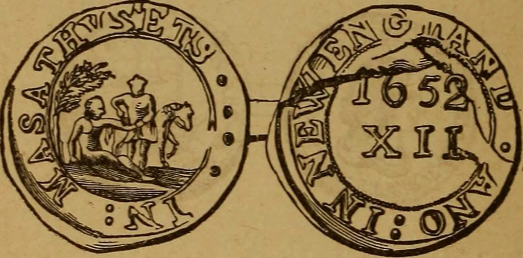 An illustration from The rare coins of America, England, Ireland, Scotland, France, Germany, and Spain ... a complete list of and prices paid for rare American ... coins, fractional currency, colonial, continental and Confederate paper money; a list of all counterfeit U. S. Treasury and national bank notes and Canadian banks notes, and how to detect them; the market value of all nations' coins and bank notes in U.S. money; a list of and prices paid for rare English, Irish, Scotch, French, German and Spanish coins. Illustrated with about 150 cuts, 1889, leaf 23