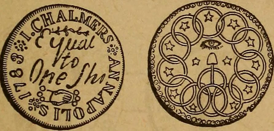 An illustration from The rare coins of America, England, Ireland, Scotland, France, Germany, and Spain ... a complete list of and prices paid for rare American ... coins, fractional currency, colonial, continental and Confederate paper money; a list of all counterfeit U. S. Treasury and national bank notes and Canadian banks notes, and how to detect them; the market value of all nations' coins and bank notes in U.S. money; a list of and prices paid for rare English, Irish, Scotch, French, German and Spanish coins. Illustrated with about 150 cuts, 1889, leaf 24