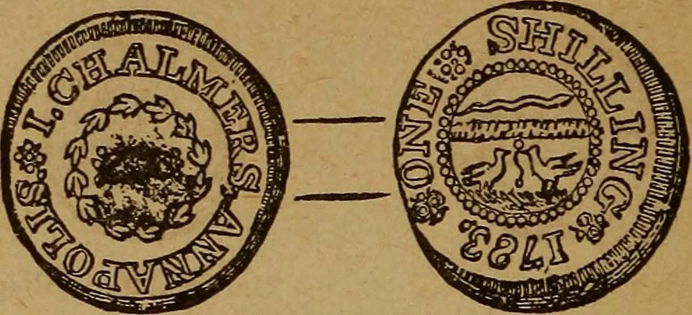 An illustration from The rare coins of America, England, Ireland, Scotland, France, Germany, and Spain ... a complete list of and prices paid for rare American ... coins, fractional currency, colonial, continental and Confederate paper money; a list of all counterfeit U. S. Treasury and national bank notes and Canadian banks notes, and how to detect them; the market value of all nations' coins and bank notes in U.S. money; a list of and prices paid for rare English, Irish, Scotch, French, German and Spanish coins. Illustrated with about 150 cuts, 1889, leaf 25