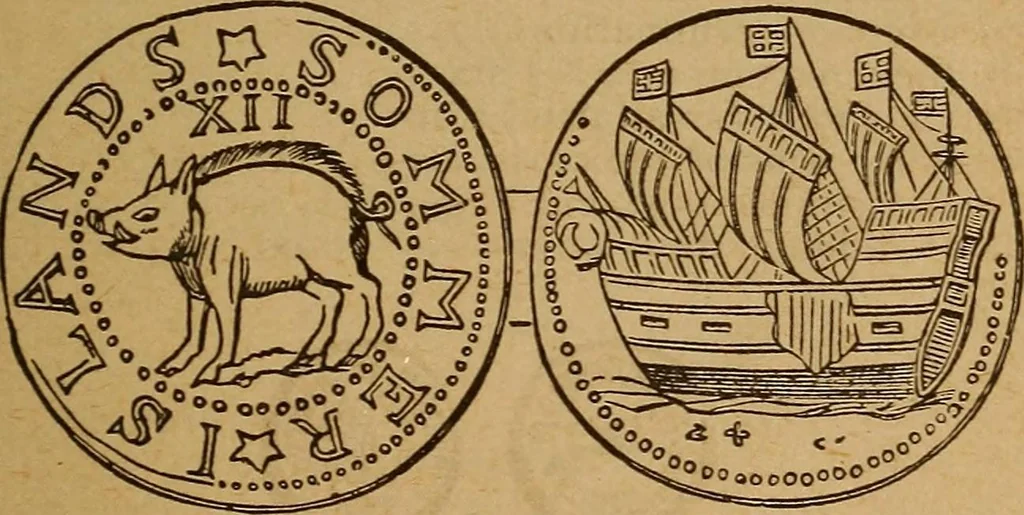 An illustration from The rare coins of America, England, Ireland, Scotland, France, Germany, and Spain ... a complete list of and prices paid for rare American ... coins, fractional currency, colonial, continental and Confederate paper money; a list of all counterfeit U. S. Treasury and national bank notes and Canadian banks notes, and how to detect them; the market value of all nations' coins and bank notes in U.S. money; a list of and prices paid for rare English, Irish, Scotch, French, German and Spanish coins. Illustrated with about 150 cuts, 1889, leaf 26