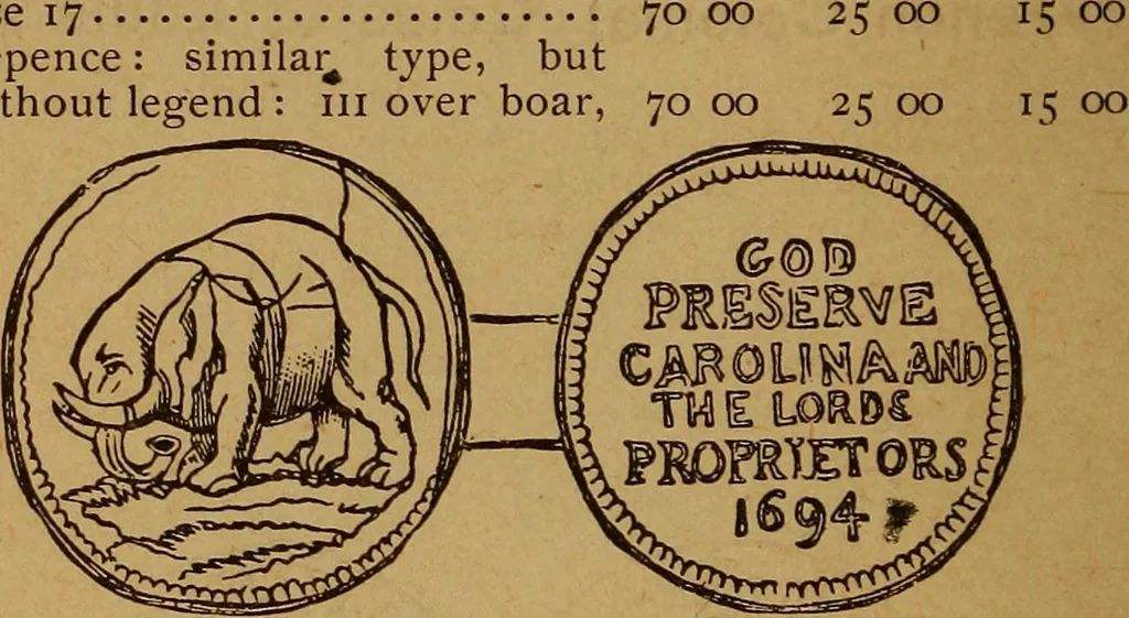 An illustration from The rare coins of America, England, Ireland, Scotland, France, Germany, and Spain ... a complete list of and prices paid for rare American ... coins, fractional currency, colonial, continental and Confederate paper money; a list of all counterfeit U. S. Treasury and national bank notes and Canadian banks notes, and how to detect them; the market value of all nations' coins and bank notes in U.S. money; a list of and prices paid for rare English, Irish, Scotch, French, German and Spanish coins. Illustrated with about 150 cuts, 1889, leaf 27