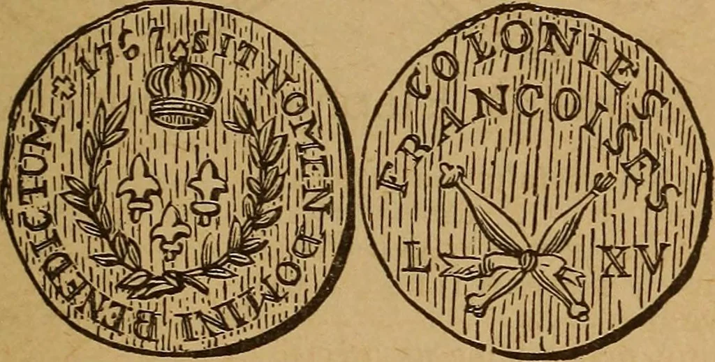 An illustration from The rare coins of America, England, Ireland, Scotland, France, Germany, and Spain ... a complete list of and prices paid for rare American ... coins, fractional currency, colonial, continental and Confederate paper money; a list of all counterfeit U. S. Treasury and national bank notes and Canadian banks notes, and how to detect them; the market value of all nations' coins and bank notes in U.S. money; a list of and prices paid for rare English, Irish, Scotch, French, German and Spanish coins. Illustrated with about 150 cuts, 1889, leaf 28