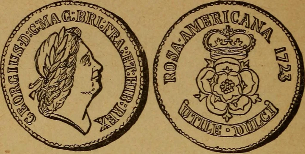 An illustration from The rare coins of America, England, Ireland, Scotland, France, Germany, and Spain ... a complete list of and prices paid for rare American ... coins, fractional currency, colonial, continental and Confederate paper money; a list of all counterfeit U. S. Treasury and national bank notes and Canadian banks notes, and how to detect them; the market value of all nations' coins and bank notes in U.S. money; a list of and prices paid for rare English, Irish, Scotch, French, German and Spanish coins. Illustrated with about 150 cuts, 1889, leaf 29