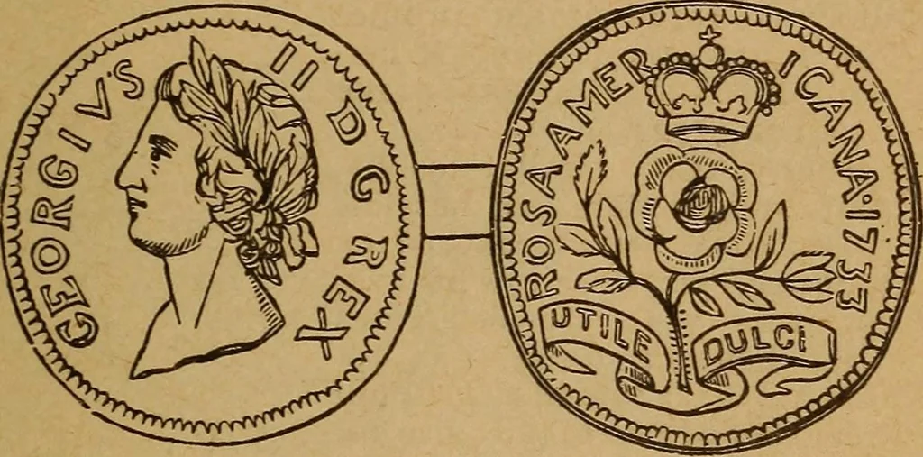 An illustration from The rare coins of America, England, Ireland, Scotland, France, Germany, and Spain ... a complete list of and prices paid for rare American ... coins, fractional currency, colonial, continental and Confederate paper money; a list of all counterfeit U. S. Treasury and national bank notes and Canadian banks notes, and how to detect them; the market value of all nations' coins and bank notes in U.S. money; a list of and prices paid for rare English, Irish, Scotch, French, German and Spanish coins. Illustrated with about 150 cuts, 1889, leaf 32
