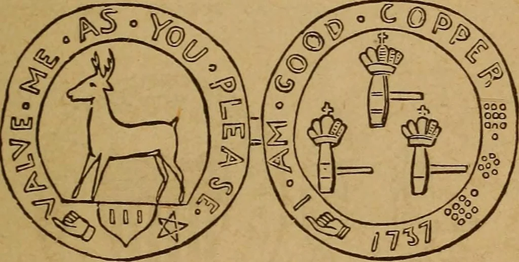 An illustration from The rare coins of America, England, Ireland, Scotland, France, Germany, and Spain ... a complete list of and prices paid for rare American ... coins, fractional currency, colonial, continental and Confederate paper money; a list of all counterfeit U. S. Treasury and national bank notes and Canadian banks notes, and how to detect them; the market value of all nations' coins and bank notes in U.S. money; a list of and prices paid for rare English, Irish, Scotch, French, German and Spanish coins. Illustrated with about 150 cuts, 1889, leaf 36