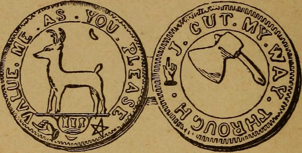 An illustration from The rare coins of America, England, Ireland, Scotland, France, Germany, and Spain ... a complete list of and prices paid for rare American ... coins, fractional currency, colonial, continental and Confederate paper money; a list of all counterfeit U. S. Treasury and national bank notes and Canadian banks notes, and how to detect them; the market value of all nations' coins and bank notes in U.S. money; a list of and prices paid for rare English, Irish, Scotch, French, German and Spanish coins. Illustrated with about 150 cuts, 1889, leaf 37