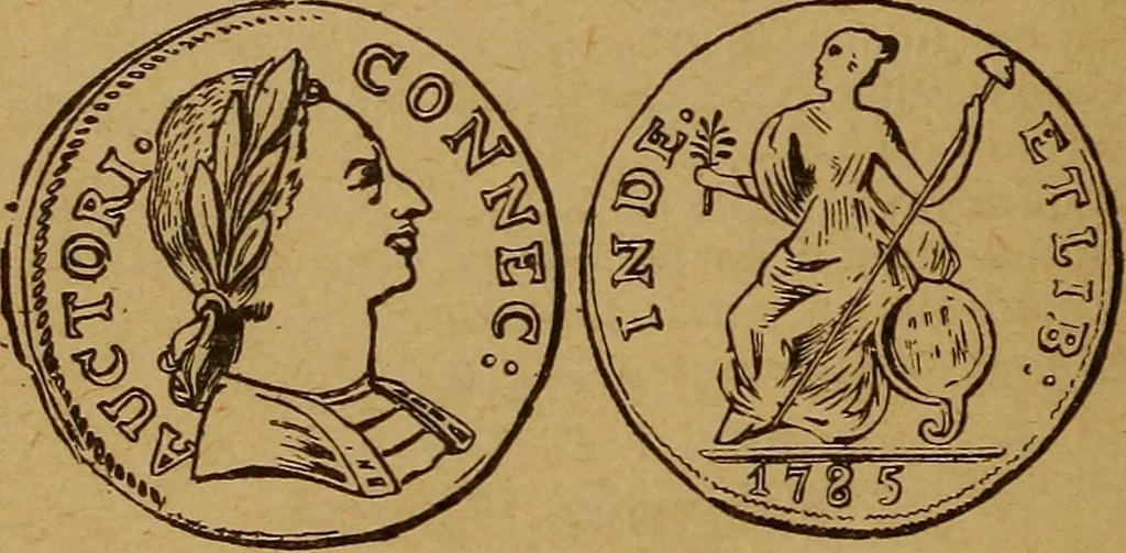 An illustration from The rare coins of America, England, Ireland, Scotland, France, Germany, and Spain ... a complete list of and prices paid for rare American ... coins, fractional currency, colonial, continental and Confederate paper money; a list of all counterfeit U. S. Treasury and national bank notes and Canadian banks notes, and how to detect them; the market value of all nations' coins and bank notes in U.S. money; a list of and prices paid for rare English, Irish, Scotch, French, German and Spanish coins. Illustrated with about 150 cuts, 1889, leaf 37