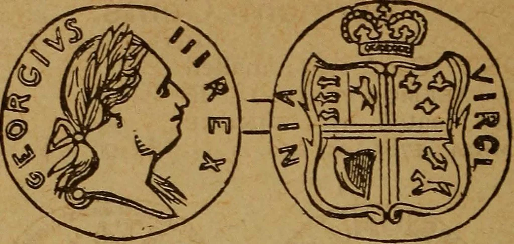 An illustration from The rare coins of America, England, Ireland, Scotland, France, Germany, and Spain ... a complete list of and prices paid for rare American ... coins, fractional currency, colonial, continental and Confederate paper money; a list of all counterfeit U. S. Treasury and national bank notes and Canadian banks notes, and how to detect them; the market value of all nations' coins and bank notes in U.S. money; a list of and prices paid for rare English, Irish, Scotch, French, German and Spanish coins. Illustrated with about 150 cuts, 1889, leaf 39