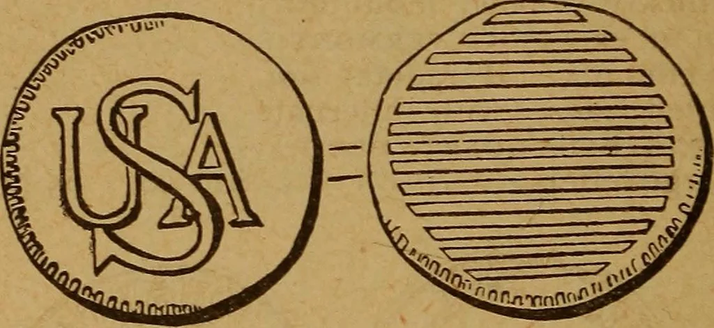 An illustration from The rare coins of America, England, Ireland, Scotland, France, Germany, and Spain ... a complete list of and prices paid for rare American ... coins, fractional currency, colonial, continental and Confederate paper money; a list of all counterfeit U. S. Treasury and national bank notes and Canadian banks notes, and how to detect them; the market value of all nations' coins and bank notes in U.S. money; a list of and prices paid for rare English, Irish, Scotch, French, German and Spanish coins. Illustrated with about 150 cuts, 1889, leaf 39