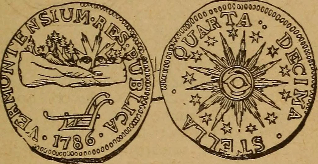 An illustration from The rare coins of America, England, Ireland, Scotland, France, Germany, and Spain ... a complete list of and prices paid for rare American ... coins, fractional currency, colonial, continental and Confederate paper money; a list of all counterfeit U. S. Treasury and national bank notes and Canadian banks notes, and how to detect them; the market value of all nations' coins and bank notes in U.S. money; a list of and prices paid for rare English, Irish, Scotch, French, German and Spanish coins. Illustrated with about 150 cuts, 1889, leaf 40
