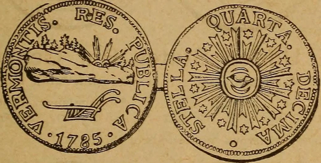 An illustration from The rare coins of America, England, Ireland, Scotland, France, Germany, and Spain ... a complete list of and prices paid for rare American ... coins, fractional currency, colonial, continental and Confederate paper money; a list of all counterfeit U. S. Treasury and national bank notes and Canadian banks notes, and how to detect them; the market value of all nations' coins and bank notes in U.S. money; a list of and prices paid for rare English, Irish, Scotch, French, German and Spanish coins. Illustrated with about 150 cuts, 1889, leaf 40