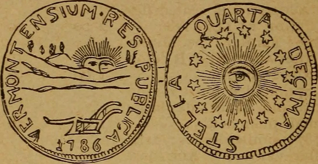 An illustration from The rare coins of America, England, Ireland, Scotland, France, Germany, and Spain ... a complete list of and prices paid for rare American ... coins, fractional currency, colonial, continental and Confederate paper money; a list of all counterfeit U. S. Treasury and national bank notes and Canadian banks notes, and how to detect them; the market value of all nations' coins and bank notes in U.S. money; a list of and prices paid for rare English, Irish, Scotch, French, German and Spanish coins. Illustrated with about 150 cuts, 1889, leaf 41