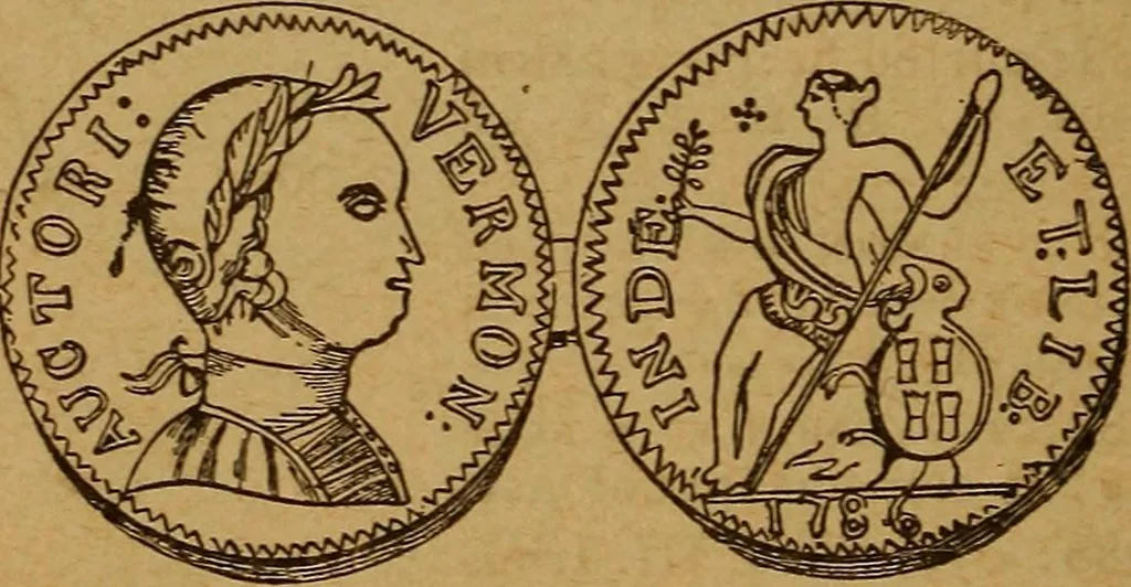 An illustration from The rare coins of America, England, Ireland, Scotland, France, Germany, and Spain ... a complete list of and prices paid for rare American ... coins, fractional currency, colonial, continental and Confederate paper money; a list of all counterfeit U. S. Treasury and national bank notes and Canadian banks notes, and how to detect them; the market value of all nations' coins and bank notes in U.S. money; a list of and prices paid for rare English, Irish, Scotch, French, German and Spanish coins. Illustrated with about 150 cuts, 1889, leaf 41
