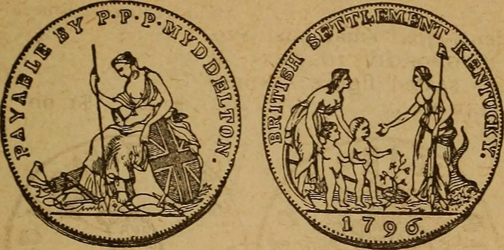 An illustration from The rare coins of America, England, Ireland, Scotland, France, Germany, and Spain ... a complete list of and prices paid for rare American ... coins, fractional currency, colonial, continental and Confederate paper money; a list of all counterfeit U. S. Treasury and national bank notes and Canadian banks notes, and how to detect them; the market value of all nations' coins and bank notes in U.S. money; a list of and prices paid for rare English, Irish, Scotch, French, German and Spanish coins. Illustrated with about 150 cuts, 1889, leaf 44