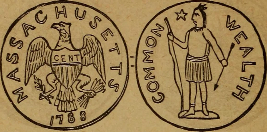 An illustration from The rare coins of America, England, Ireland, Scotland, France, Germany, and Spain ... a complete list of and prices paid for rare American ... coins, fractional currency, colonial, continental and Confederate paper money; a list of all counterfeit U. S. Treasury and national bank notes and Canadian banks notes, and how to detect them; the market value of all nations' coins and bank notes in U.S. money; a list of and prices paid for rare English, Irish, Scotch, French, German and Spanish coins. Illustrated with about 150 cuts, 1889, leaf 45