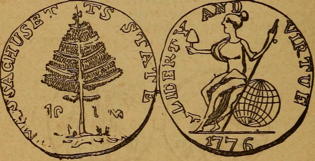 An illustration from The rare coins of America, England, Ireland, Scotland, France, Germany, and Spain ... a complete list of and prices paid for rare American ... coins, fractional currency, colonial, continental and Confederate paper money; a list of all counterfeit U. S. Treasury and national bank notes and Canadian banks notes, and how to detect them; the market value of all nations' coins and bank notes in U.S. money; a list of and prices paid for rare English, Irish, Scotch, French, German and Spanish coins. Illustrated with about 150 cuts, 1889, leaf 45