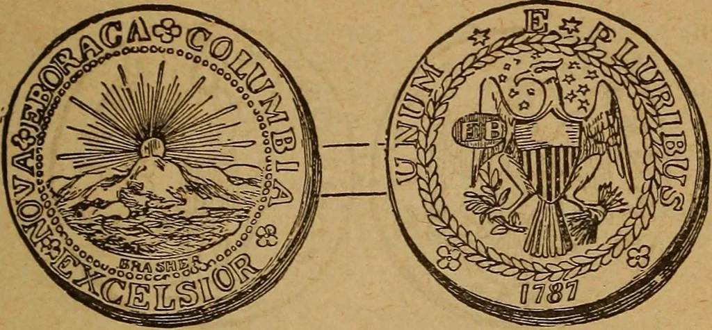 An illustration from The rare coins of America, England, Ireland, Scotland, France, Germany, and Spain ... a complete list of and prices paid for rare American ... coins, fractional currency, colonial, continental and Confederate paper money; a list of all counterfeit U. S. Treasury and national bank notes and Canadian banks notes, and how to detect them; the market value of all nations' coins and bank notes in U.S. money; a list of and prices paid for rare English, Irish, Scotch, French, German and Spanish coins. Illustrated with about 150 cuts, 1889, leaf 46