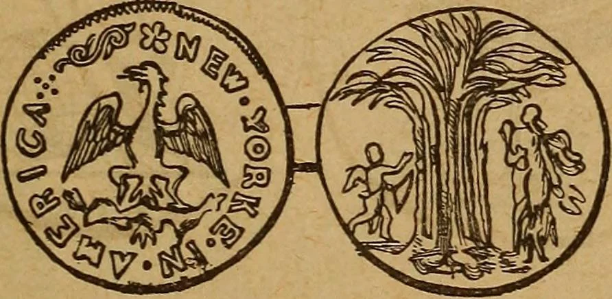An illustration from The rare coins of America, England, Ireland, Scotland, France, Germany, and Spain ... a complete list of and prices paid for rare American ... coins, fractional currency, colonial, continental and Confederate paper money; a list of all counterfeit U. S. Treasury and national bank notes and Canadian banks notes, and how to detect them; the market value of all nations' coins and bank notes in U.S. money; a list of and prices paid for rare English, Irish, Scotch, French, German and Spanish coins. Illustrated with about 150 cuts, 1889, leaf 46