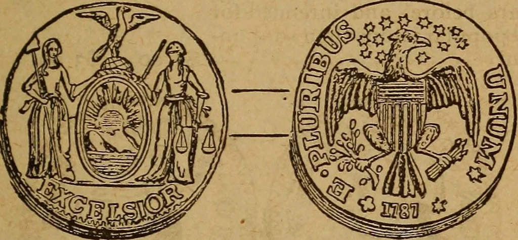 An illustration from The rare coins of America, England, Ireland, Scotland, France, Germany, and Spain ... a complete list of and prices paid for rare American ... coins, fractional currency, colonial, continental and Confederate paper money; a list of all counterfeit U. S. Treasury and national bank notes and Canadian banks notes, and how to detect them; the market value of all nations' coins and bank notes in U.S. money; a list of and prices paid for rare English, Irish, Scotch, French, German and Spanish coins. Illustrated with about 150 cuts, 1889, leaf 48