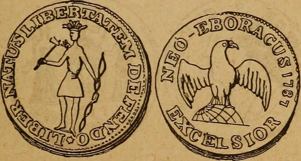 An illustration from The rare coins of America, England, Ireland, Scotland, France, Germany, and Spain ... a complete list of and prices paid for rare American ... coins, fractional currency, colonial, continental and Confederate paper money; a list of all counterfeit U. S. Treasury and national bank notes and Canadian banks notes, and how to detect them; the market value of all nations' coins and bank notes in U.S. money; a list of and prices paid for rare English, Irish, Scotch, French, German and Spanish coins. Illustrated with about 150 cuts, 1889, leaf 48