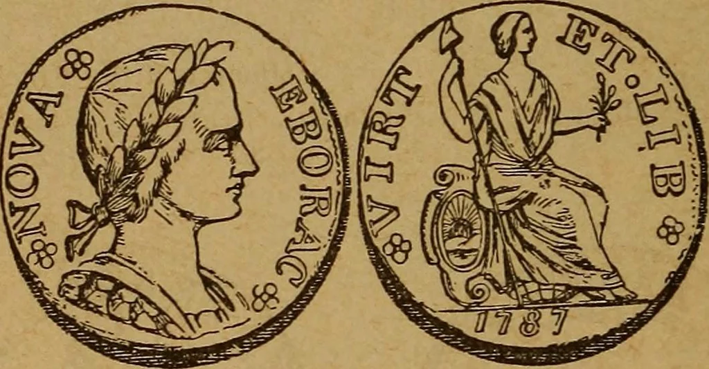 An illustration from The rare coins of America, England, Ireland, Scotland, France, Germany, and Spain ... a complete list of and prices paid for rare American ... coins, fractional currency, colonial, continental and Confederate paper money; a list of all counterfeit U. S. Treasury and national bank notes and Canadian banks notes, and how to detect them; the market value of all nations' coins and bank notes in U.S. money; a list of and prices paid for rare English, Irish, Scotch, French, German and Spanish coins. Illustrated with about 150 cuts, 1889, leaf 49