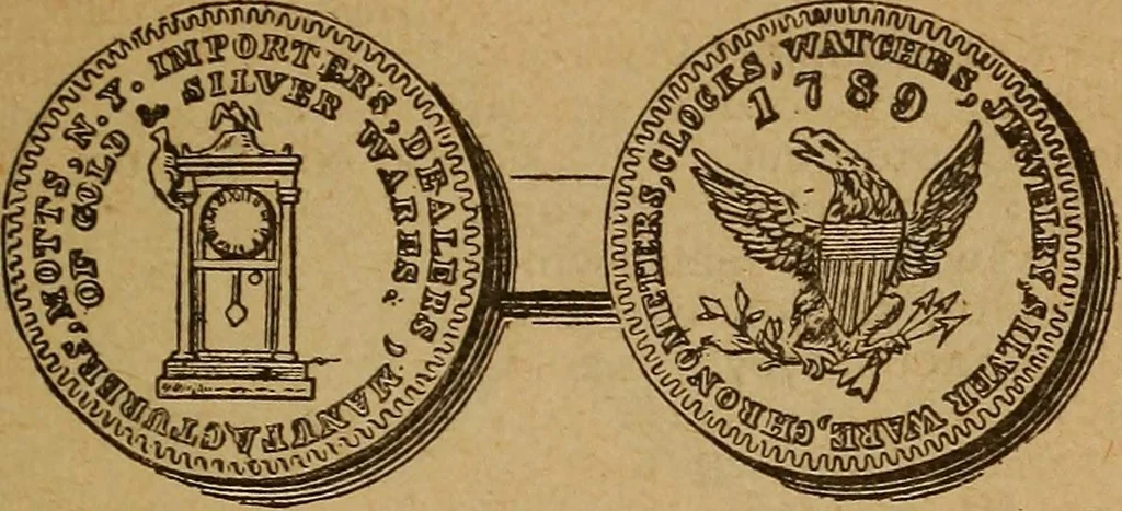 An illustration from The rare coins of America, England, Ireland, Scotland, France, Germany, and Spain ... a complete list of and prices paid for rare American ... coins, fractional currency, colonial, continental and Confederate paper money; a list of all counterfeit U. S. Treasury and national bank notes and Canadian banks notes, and how to detect them; the market value of all nations' coins and bank notes in U.S. money; a list of and prices paid for rare English, Irish, Scotch, French, German and Spanish coins. Illustrated with about 150 cuts, 1889, leaf 50