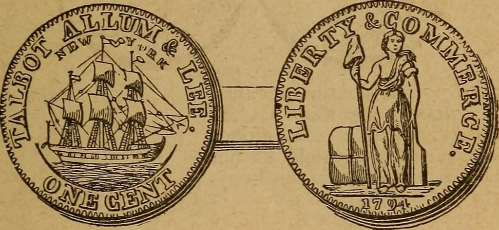 An illustration from The rare coins of America, England, Ireland, Scotland, France, Germany, and Spain ... a complete list of and prices paid for rare American ... coins, fractional currency, colonial, continental and Confederate paper money; a list of all counterfeit U. S. Treasury and national bank notes and Canadian banks notes, and how to detect them; the market value of all nations' coins and bank notes in U.S. money; a list of and prices paid for rare English, Irish, Scotch, French, German and Spanish coins. Illustrated with about 150 cuts, 1889, leaf 50