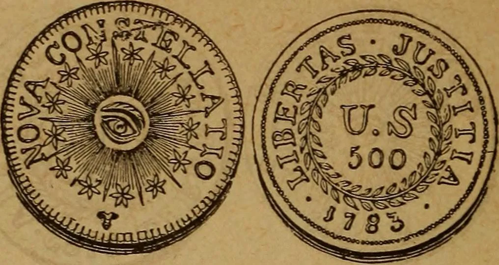 An illustration from The rare coins of America, England, Ireland, Scotland, France, Germany, and Spain ... a complete list of and prices paid for rare American ... coins, fractional currency, colonial, continental and Confederate paper money; a list of all counterfeit U. S. Treasury and national bank notes and Canadian banks notes, and how to detect them; the market value of all nations' coins and bank notes in U.S. money; a list of and prices paid for rare English, Irish, Scotch, French, German and Spanish coins. Illustrated with about 150 cuts, 1889, leaf 51