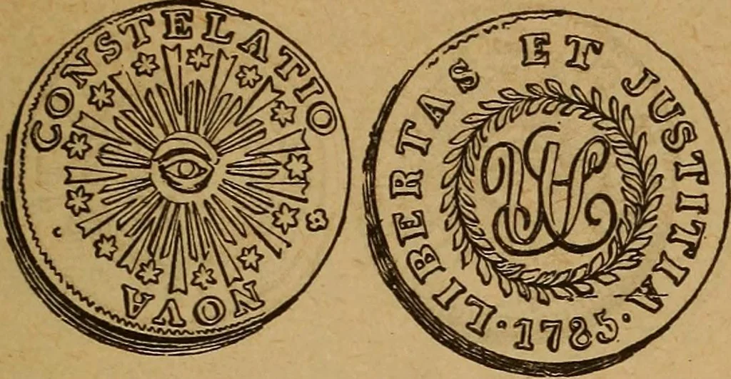 An illustration from The rare coins of America, England, Ireland, Scotland, France, Germany, and Spain ... a complete list of and prices paid for rare American ... coins, fractional currency, colonial, continental and Confederate paper money; a list of all counterfeit U. S. Treasury and national bank notes and Canadian banks notes, and how to detect them; the market value of all nations' coins and bank notes in U.S. money; a list of and prices paid for rare English, Irish, Scotch, French, German and Spanish coins. Illustrated with about 150 cuts, 1889, leaf 52