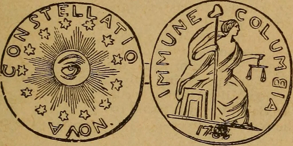 An illustration from The rare coins of America, England, Ireland, Scotland, France, Germany, and Spain ... a complete list of and prices paid for rare American ... coins, fractional currency, colonial, continental and Confederate paper money; a list of all counterfeit U. S. Treasury and national bank notes and Canadian banks notes, and how to detect them; the market value of all nations' coins and bank notes in U.S. money; a list of and prices paid for rare English, Irish, Scotch, French, German and Spanish coins. Illustrated with about 150 cuts, 1889, leaf 52