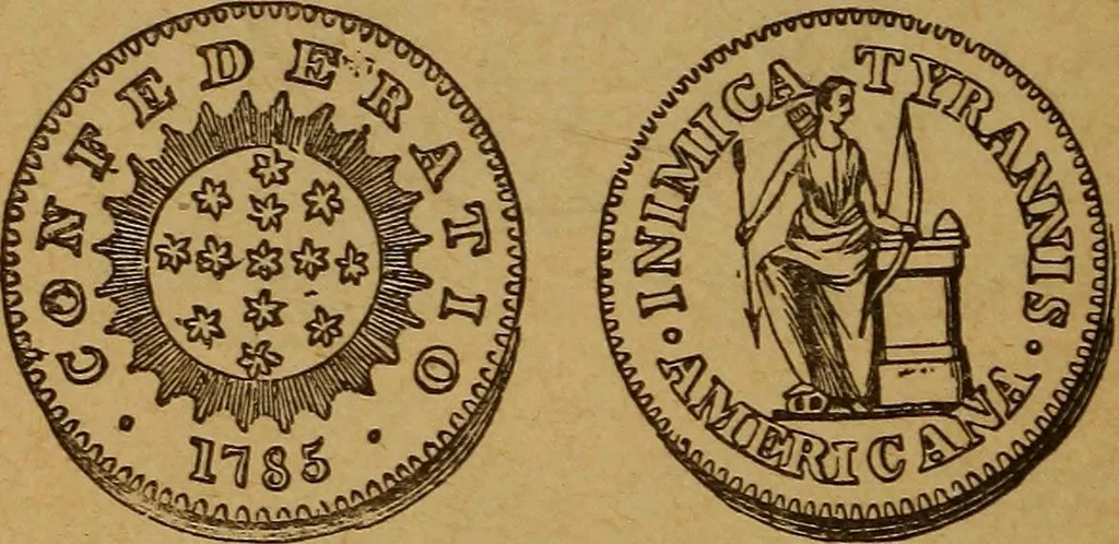 An illustration from The rare coins of America, England, Ireland, Scotland, France, Germany, and Spain ... a complete list of and prices paid for rare American ... coins, fractional currency, colonial, continental and Confederate paper money; a list of all counterfeit U. S. Treasury and national bank notes and Canadian banks notes, and how to detect them; the market value of all nations' coins and bank notes in U.S. money; a list of and prices paid for rare English, Irish, Scotch, French, German and Spanish coins. Illustrated with about 150 cuts, 1889, leaf 53